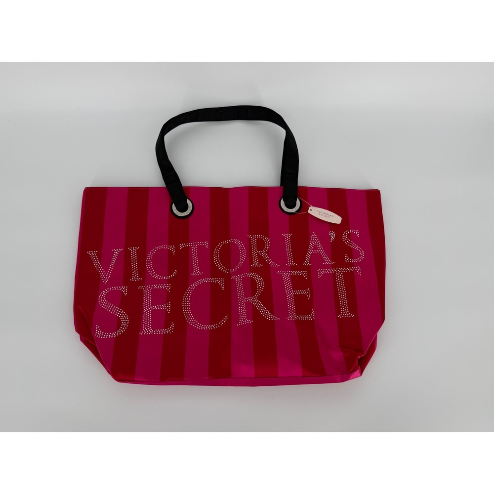 NWT Victorias Secret Pink Red Stripe Rhinestone Logo Tote Bag Y2K inspired - Picture 2 of 13